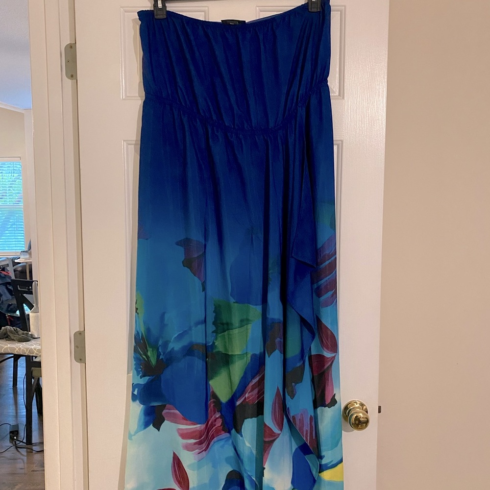 Blue Halter Dress with multi colored design on the bottom